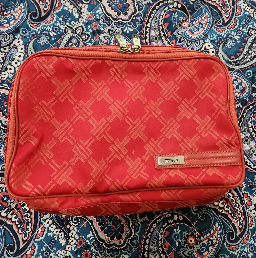 Tumi Coral Red Patterned Travel Cosmetic Pouch